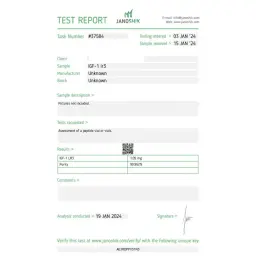 IGF-1 LR3 Lab Test Certificate January 2024 showing 1.05mg result