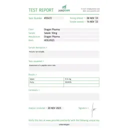 Selank Lab Test Certificate November 2023 showing 9.74mg result
