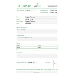 Semax Lab Test Certificate November 2023 showing 5.20mg result