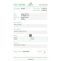 TB 500 & BPC 157 Lab Test Certificate April 2024 showing 5.43mg TB 500 and 4.95mg BPC 157